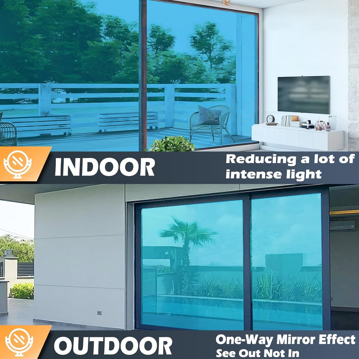 One Way Window Film Daytime Privacy Mirror Effect Reflective Window Tint for Home Self Adhesive UV Sun Blocking Heat Control Glass Door Films