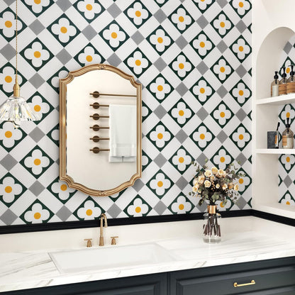 Blue Peel and Stick Wallpaper Geometry Contact Paper Vintage Wallpaper Diamond Self Adhesive Wall Paper Furniture Cabinets Wallpapers Decorative Blue and Beige Floral Vinyl