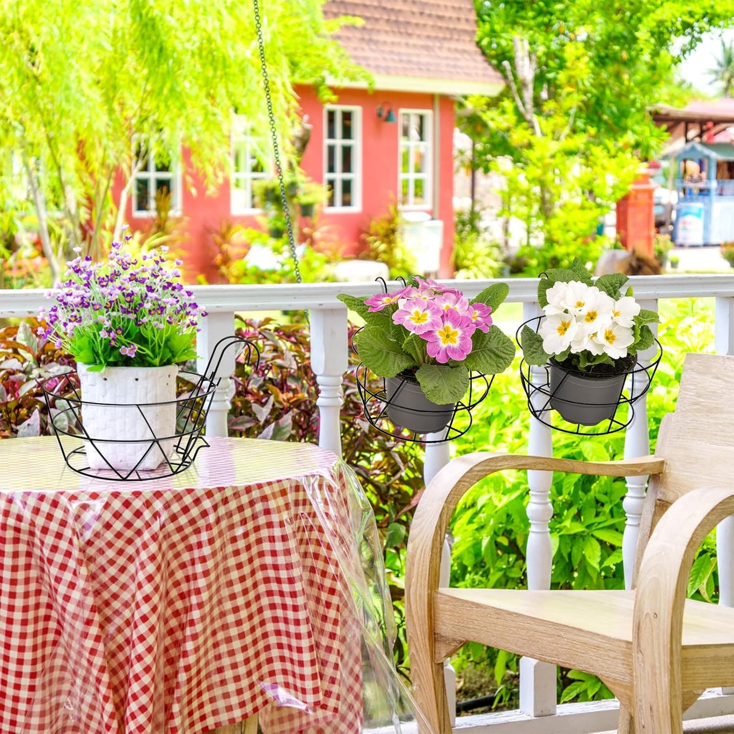 Black Round Metal Hanging Railing Planters, Wire Pot Holder Plants Hangers Black Potted Stand
