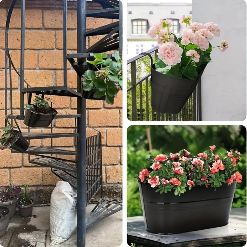 Black Oval Railing Planters for Balcony, Metal Hanging Flower Pots for Railing Planters for Outdoor Window Balcony Plants Holder with Hooks