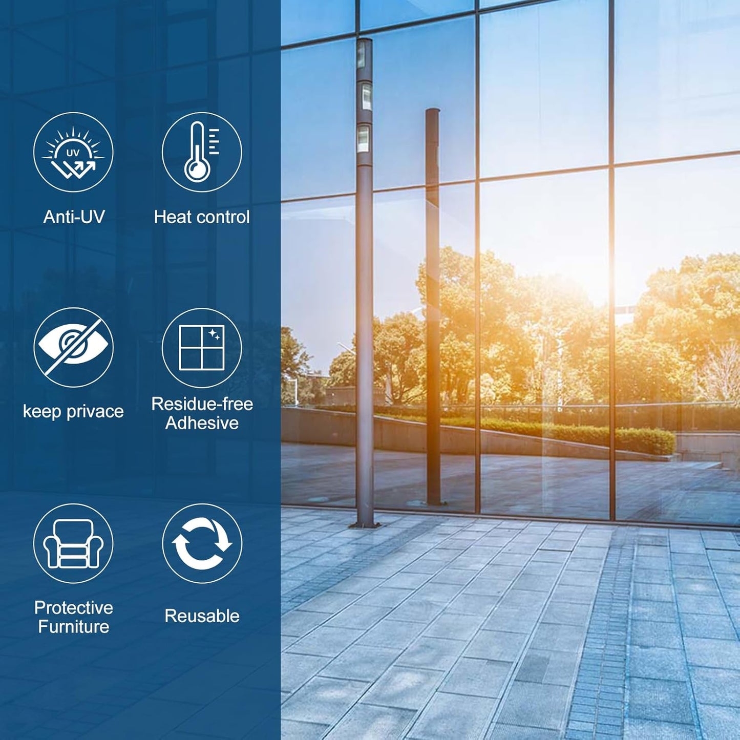 Window Privacy Film One Way Daytime Privacy Sun Blocking Anti UV Reflective Window Tint for Home and Office,Blue