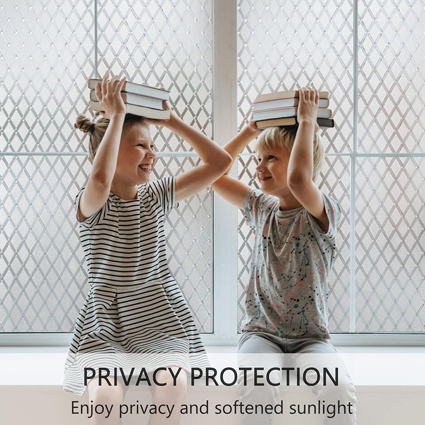 Window Privacy Film Decorative Frosted Glass Window Film, Sun Blocking Stained Glass Clings, Static Cling Removable Stickers for Home Door Coverings, Lattice Pattern