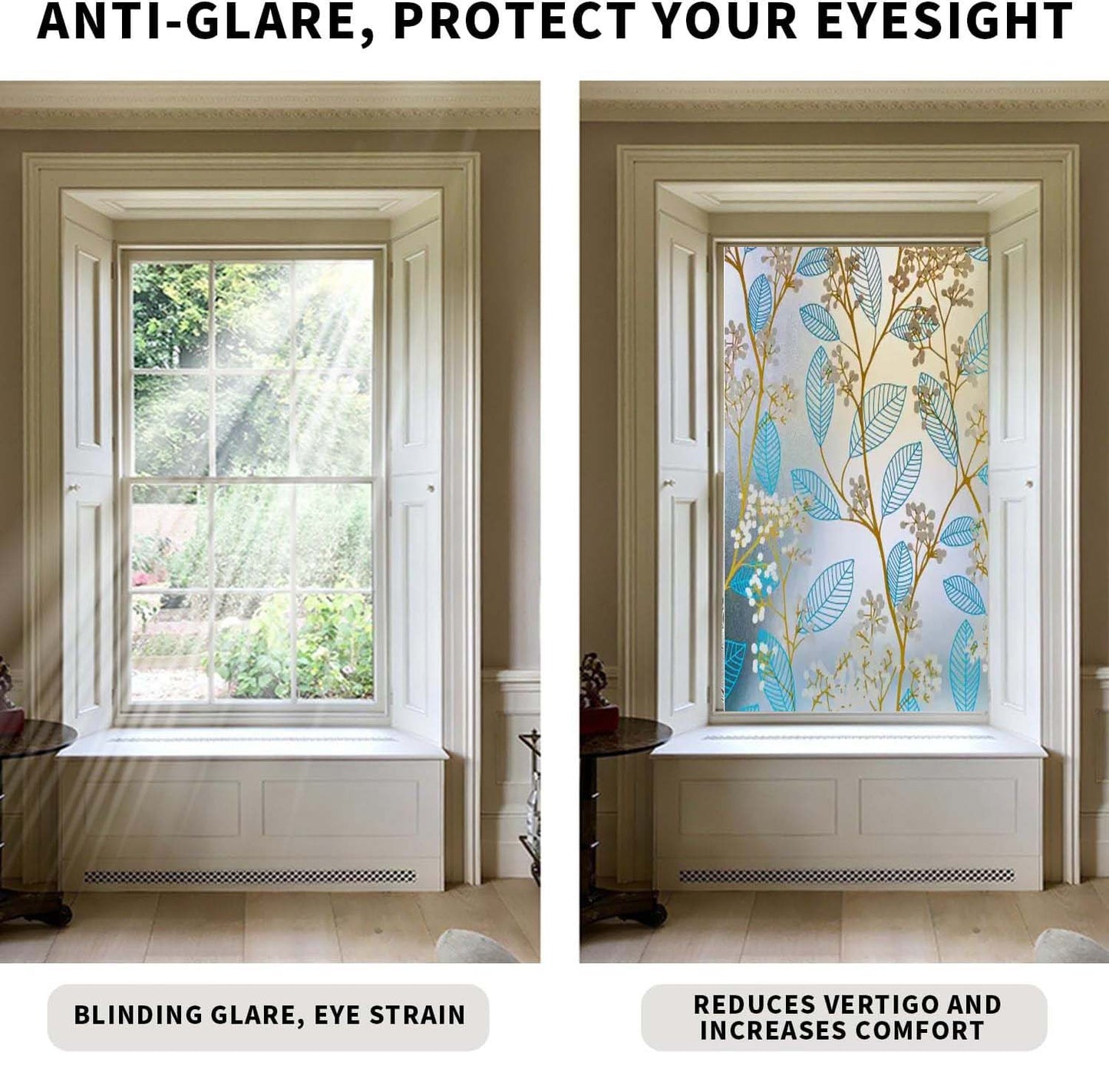 Decorative Frosted Glass Window Privacy Film, Static Cling Non-Adhesive Windows Sticker for Front Door Bathroom Heat Control Anti UV,