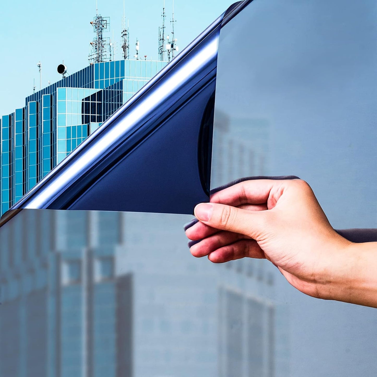 One Way Window Privacy Film Tint for Home, Sun Heat UV Blocking Control Reflective Adhesive Mirror Tint See Out Not in Office Door Covering,Ink Blue