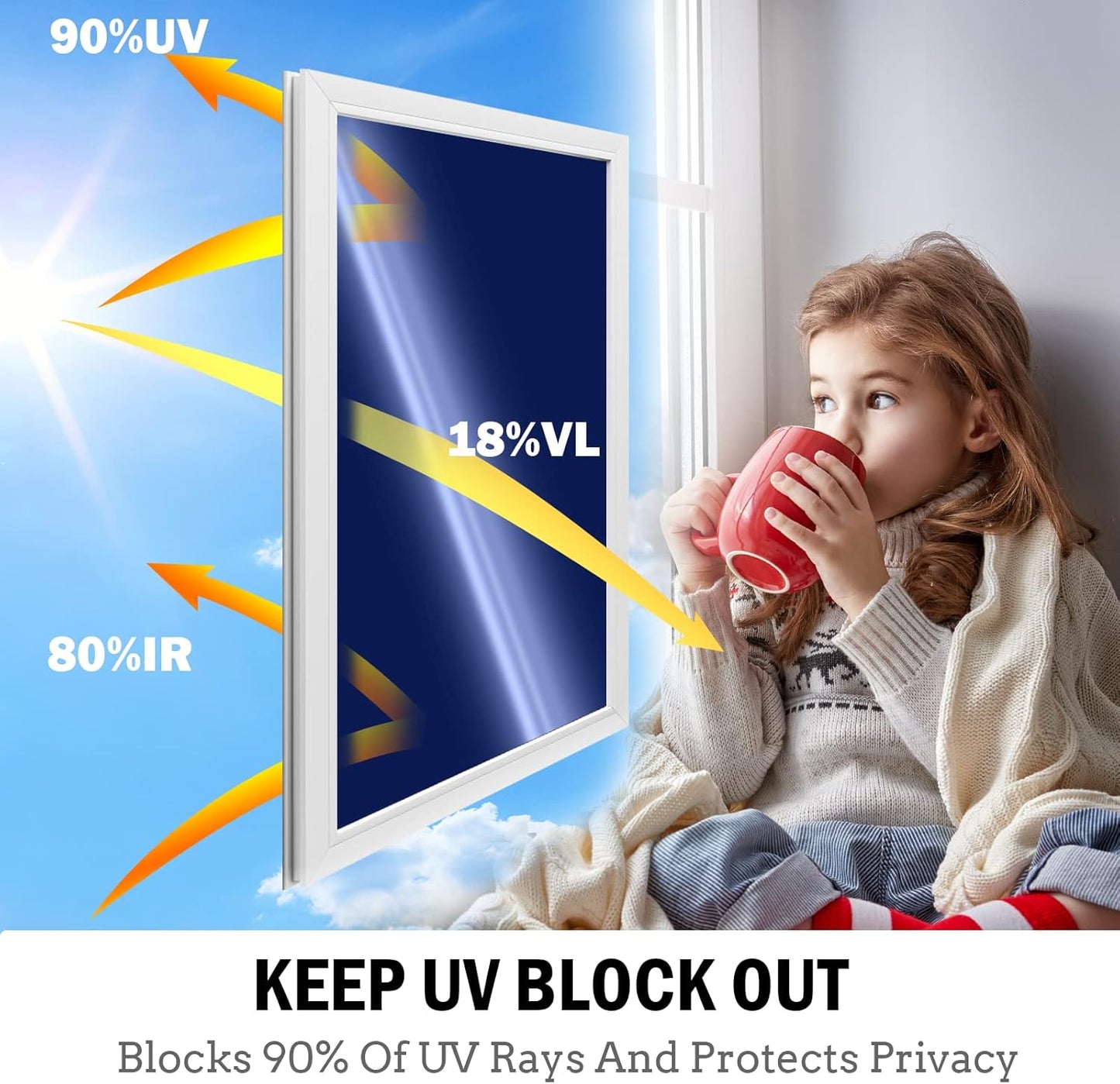 One Way Window Privacy Film Tint for Home, Sun Heat UV Blocking Control Reflective Adhesive Mirror Tint See Out Not in Office Door Covering,Ink Blue