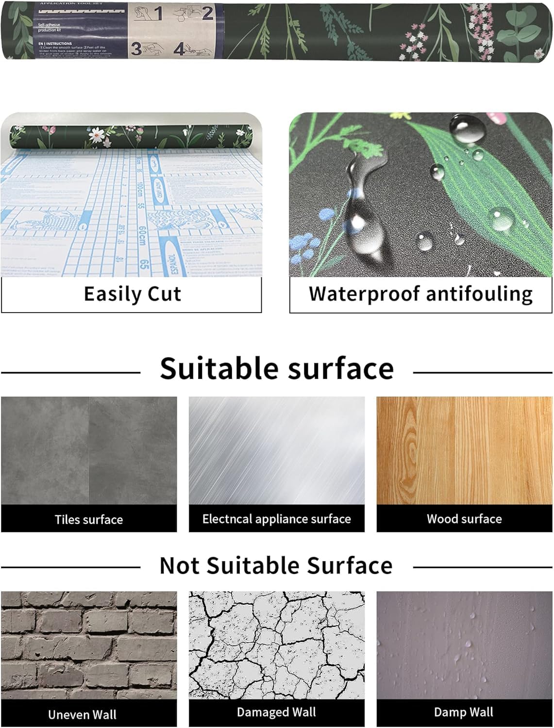 Floral Peel and Stick Self Adhesive Wallpaper for Bedroom, Living Room, Kitchen Decor Wall Sticker Removable Flower Contact Paper