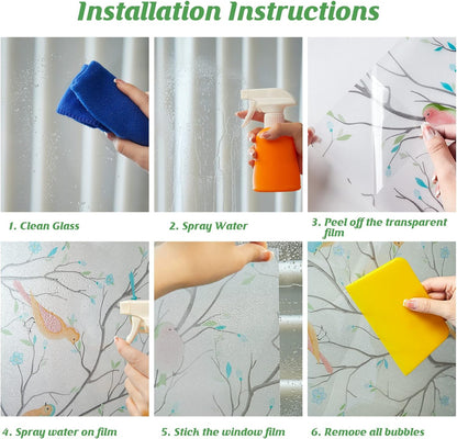 Decorative Frosted Glass Window Privacy Film, Static Cling Non-Adhesive Windows Sticker for Front Door Bathroom Heat Control Anti UV,