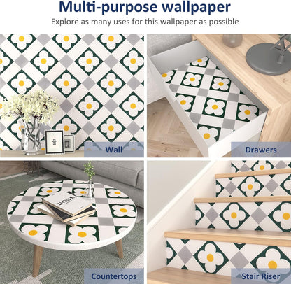 Blue Peel and Stick Wallpaper Geometry Contact Paper Vintage Wallpaper Diamond Self Adhesive Wall Paper Furniture Cabinets Wallpapers Decorative Blue and Beige Floral Vinyl