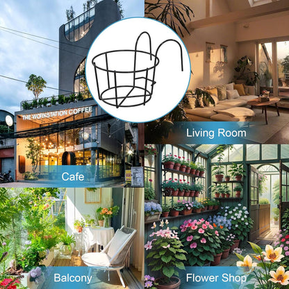 Black Round Metal Hanging Railing Planters, Wire Pot Holder Plants Hangers Black Potted Stand