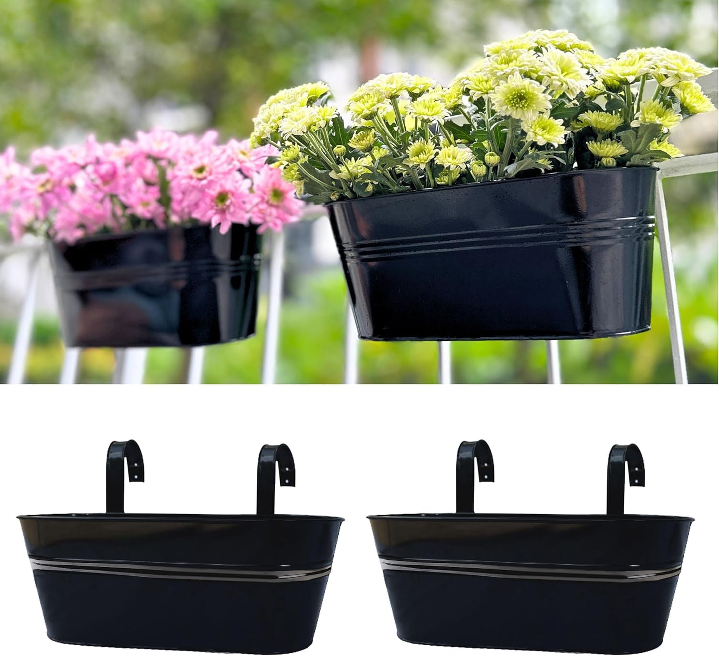 Black Oval Railing Planters for Balcony, Metal Hanging Flower Pots for Railing Planters for Outdoor Window Balcony Plants Holder with Hooks