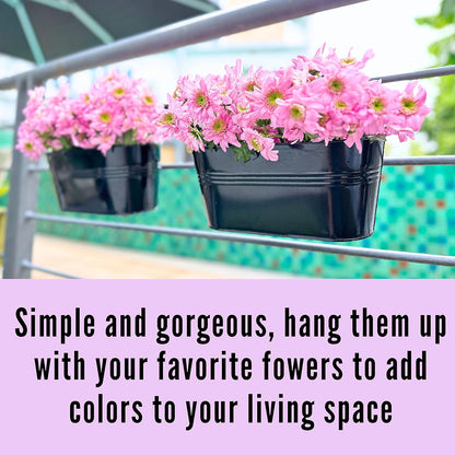 Black Oval Railing Planters for Balcony, Metal Hanging Flower Pots for Railing Planters for Outdoor Window Balcony Plants Holder with Hooks