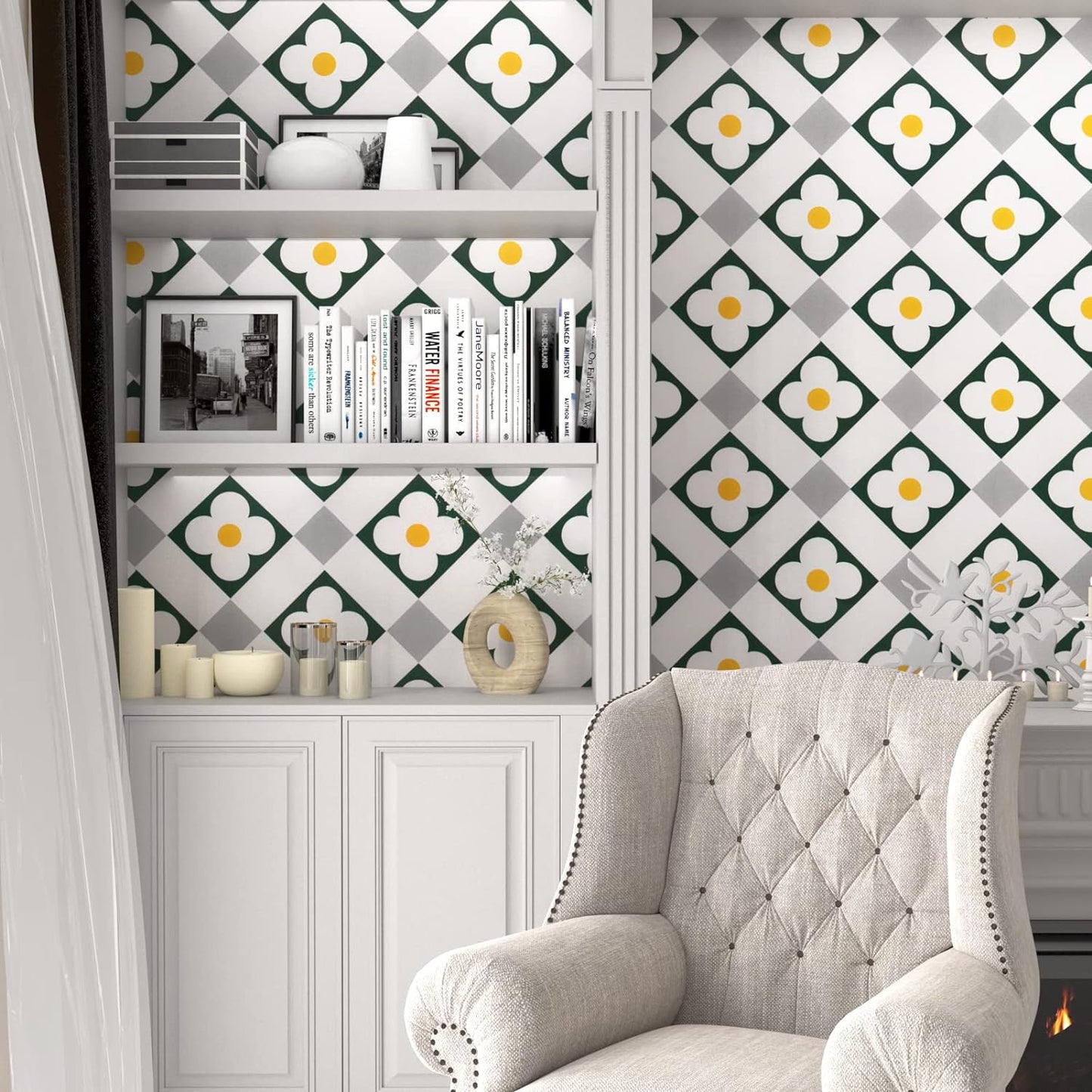 Blue Peel and Stick Wallpaper Geometry Contact Paper Vintage Wallpaper Diamond Self Adhesive Wall Paper Furniture Cabinets Wallpapers Decorative Blue and Beige Floral Vinyl