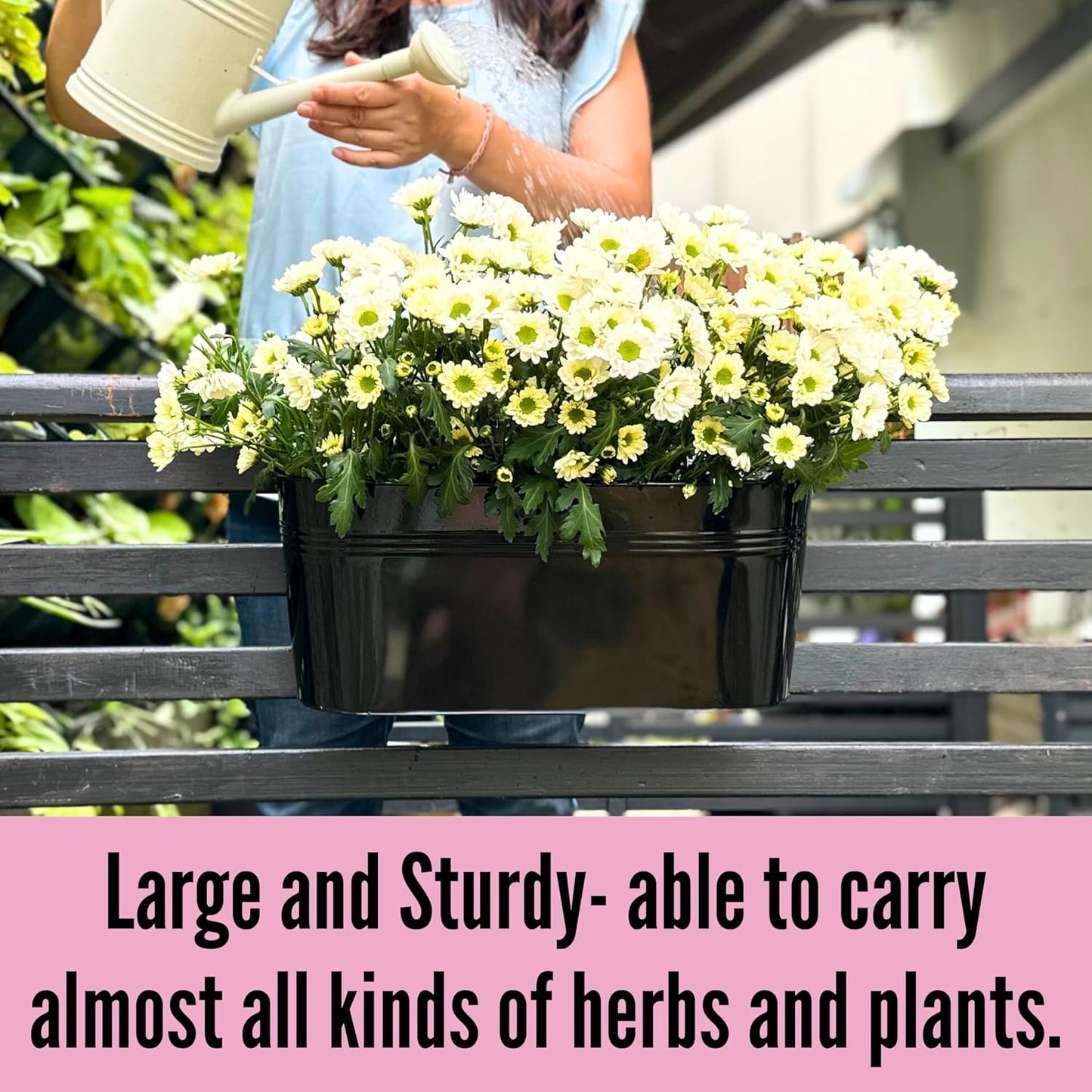 Black Oval Railing Planters for Balcony, Metal Hanging Flower Pots for Railing Planters for Outdoor Window Balcony Plants Holder with Hooks