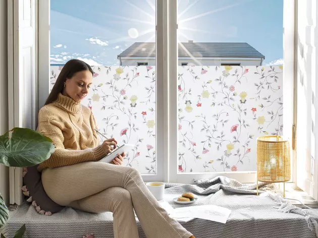 Window Privacy Film - Stained Glass Window Film Static Cling UV & Heat Blocking Rainbow Window Film for Glass Doors, Bedroom Windows,Floral