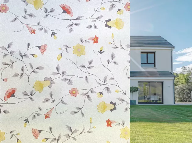 Window Privacy Film - Stained Glass Window Film Static Cling UV & Heat Blocking Rainbow Window Film for Glass Doors, Bedroom Windows,Floral